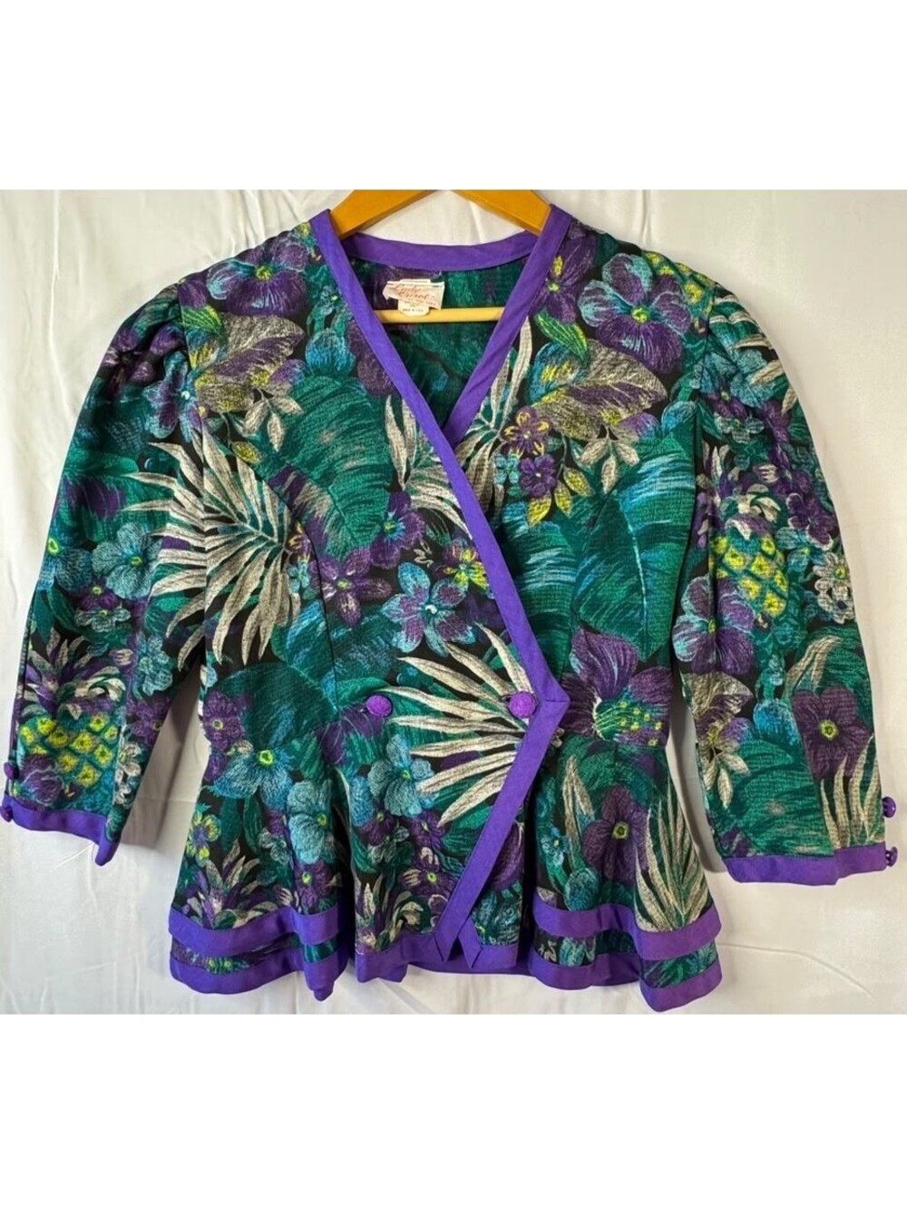 Lady Carol Jacket 8 Green Purple Tropical Floral Peplum Wrap Blazer 80s VTG